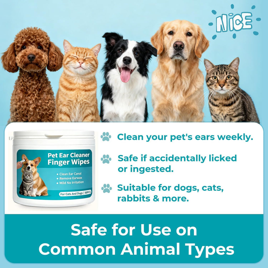 Pet Ear Cleaner Finger Wipes for Dogs, Cats, Alcohol-Free Formula