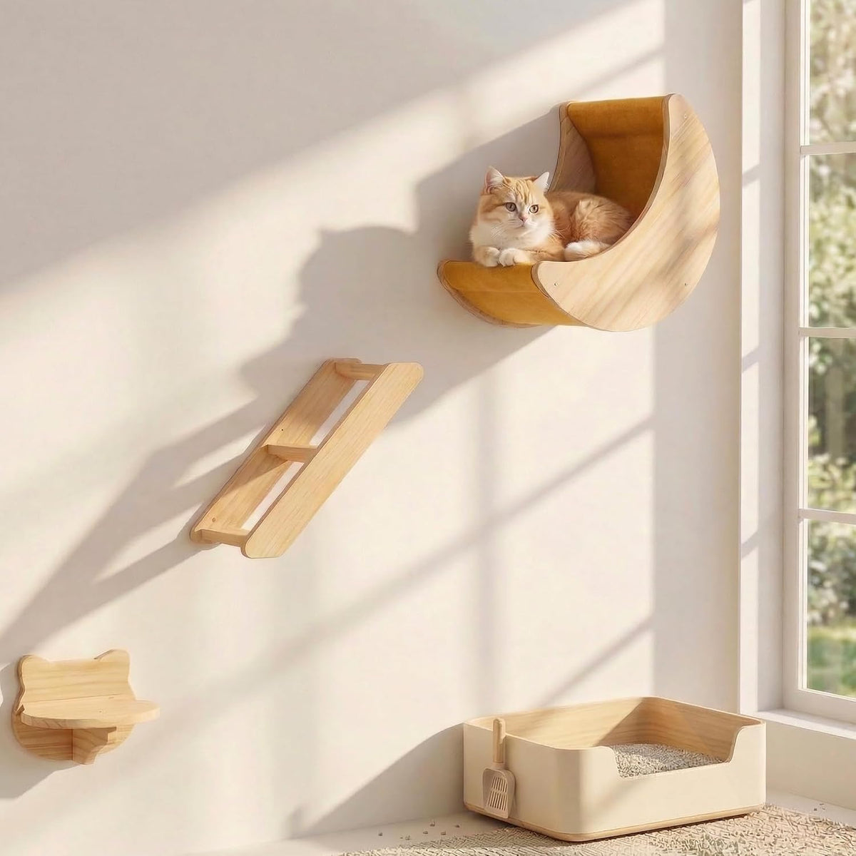 Cat Wall Shelves Set,Solid Wood Moon Bed,Perch & Stair for Climb and Rest