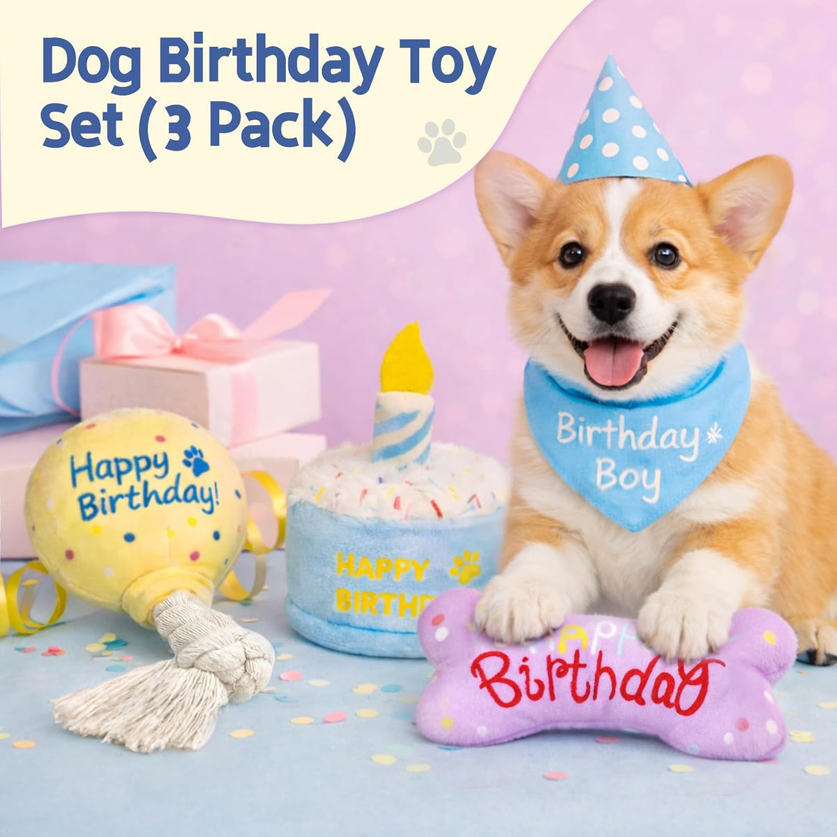 3-Pack Dog Birthday Toys | Crinkle Cake Toy, Rope Balloon and Squeaky Bone, Birthday Gift Set, for Small and Medium Dogs