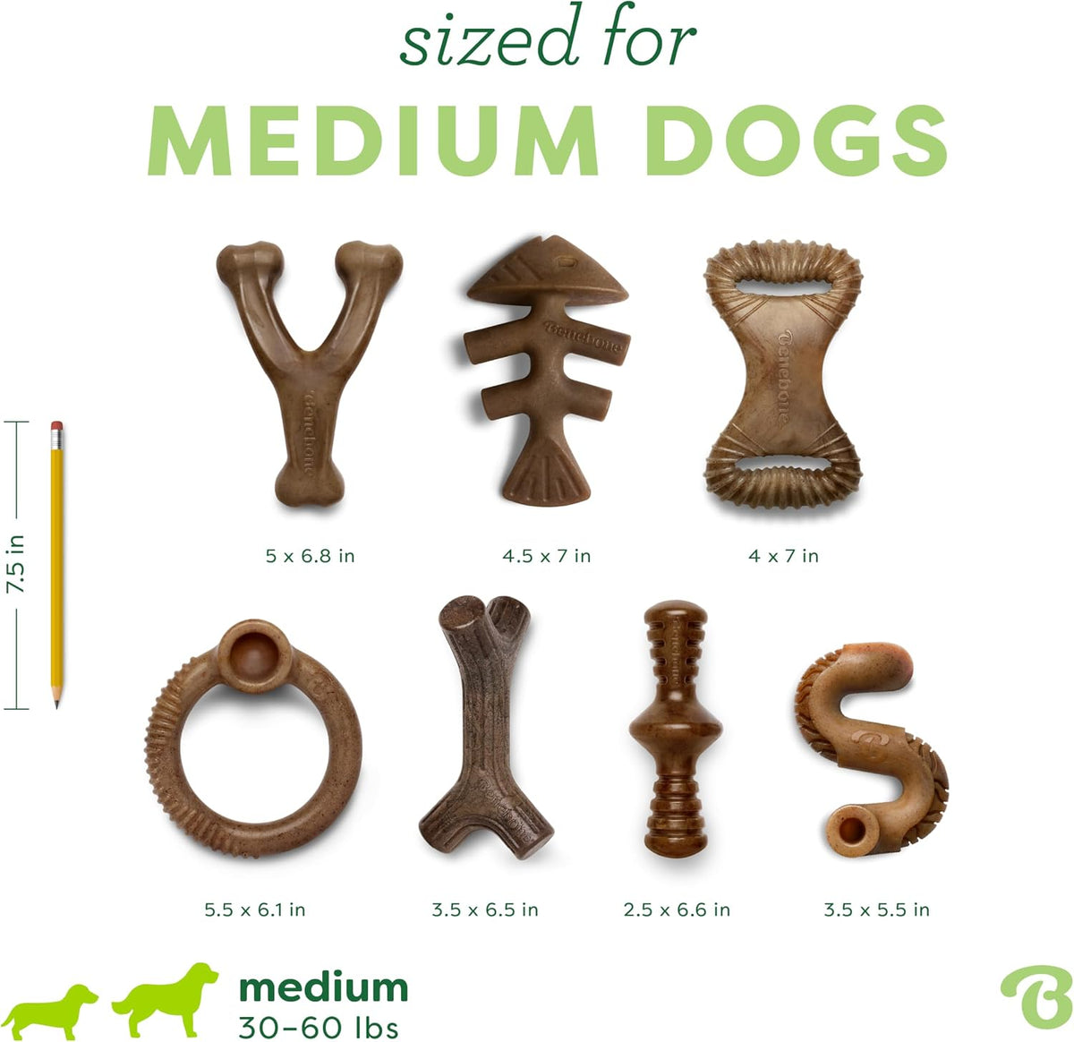 Benebone 7-Pack Dog Chew Toys for Aggressive Chewers, Dog Bones, Medium | Durable, Multipack, Super Chewer, Made in USA, Dog Bones, Long-Lasting, Keeps Them Busy