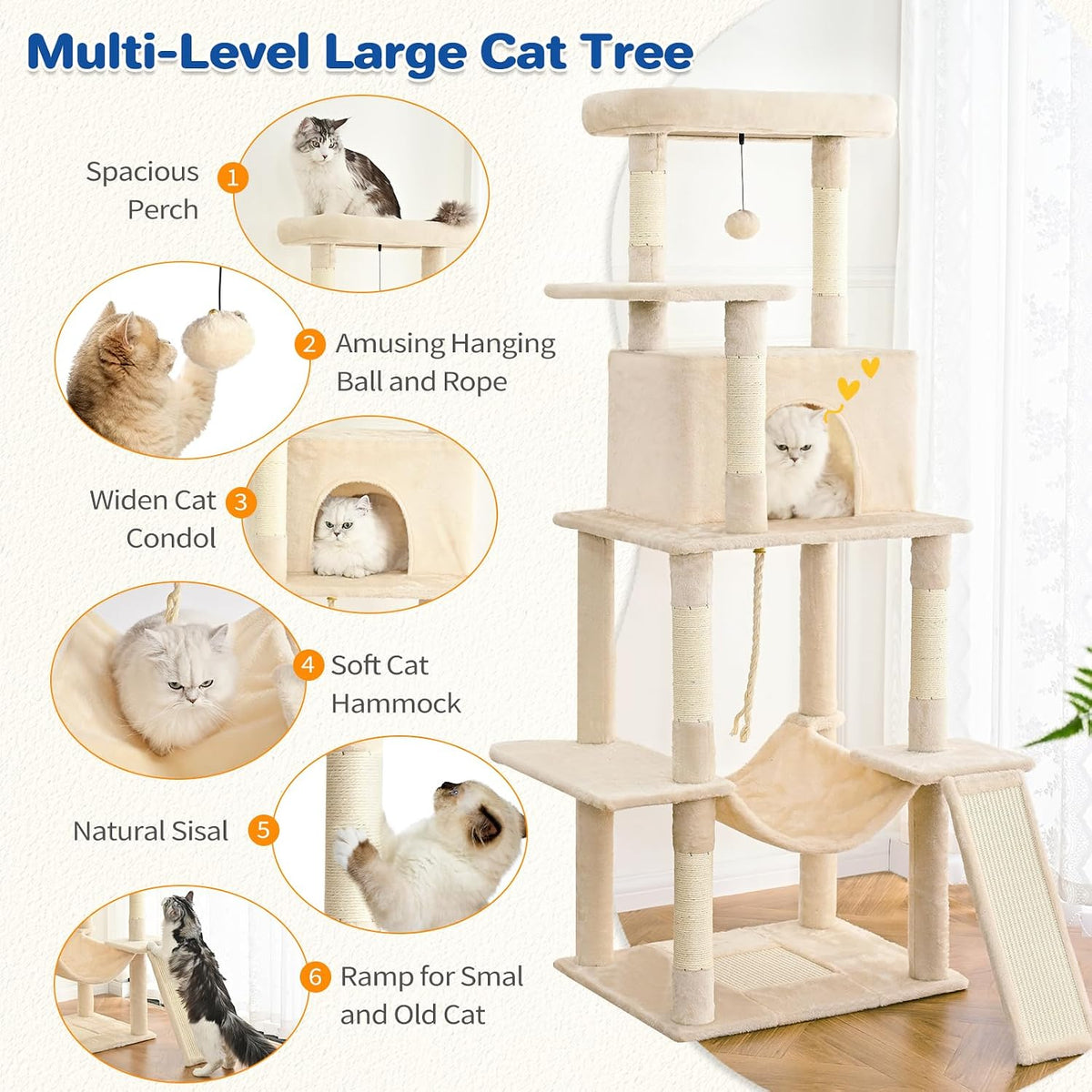 ABCPET 63" Multi-Level Cat Tree Tower for Indoor Cats, Beige