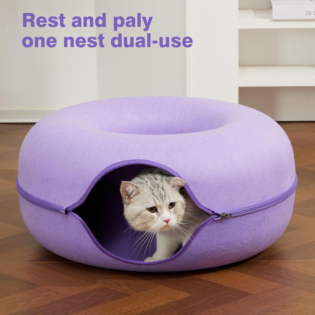 Cat Tunnel Bed for Indoor Cats with 3 Toys, Scratch Resistant Detachable and Washable Large Donut Cat Bed, Available in All Seasons (Purple, L(24x24x11))