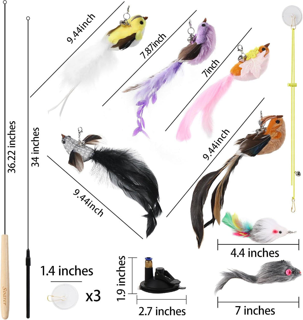 Soarer 3in1 Flying Bird Cat Wand Toys with Suction Cup for Indoor Cat,7Pcs