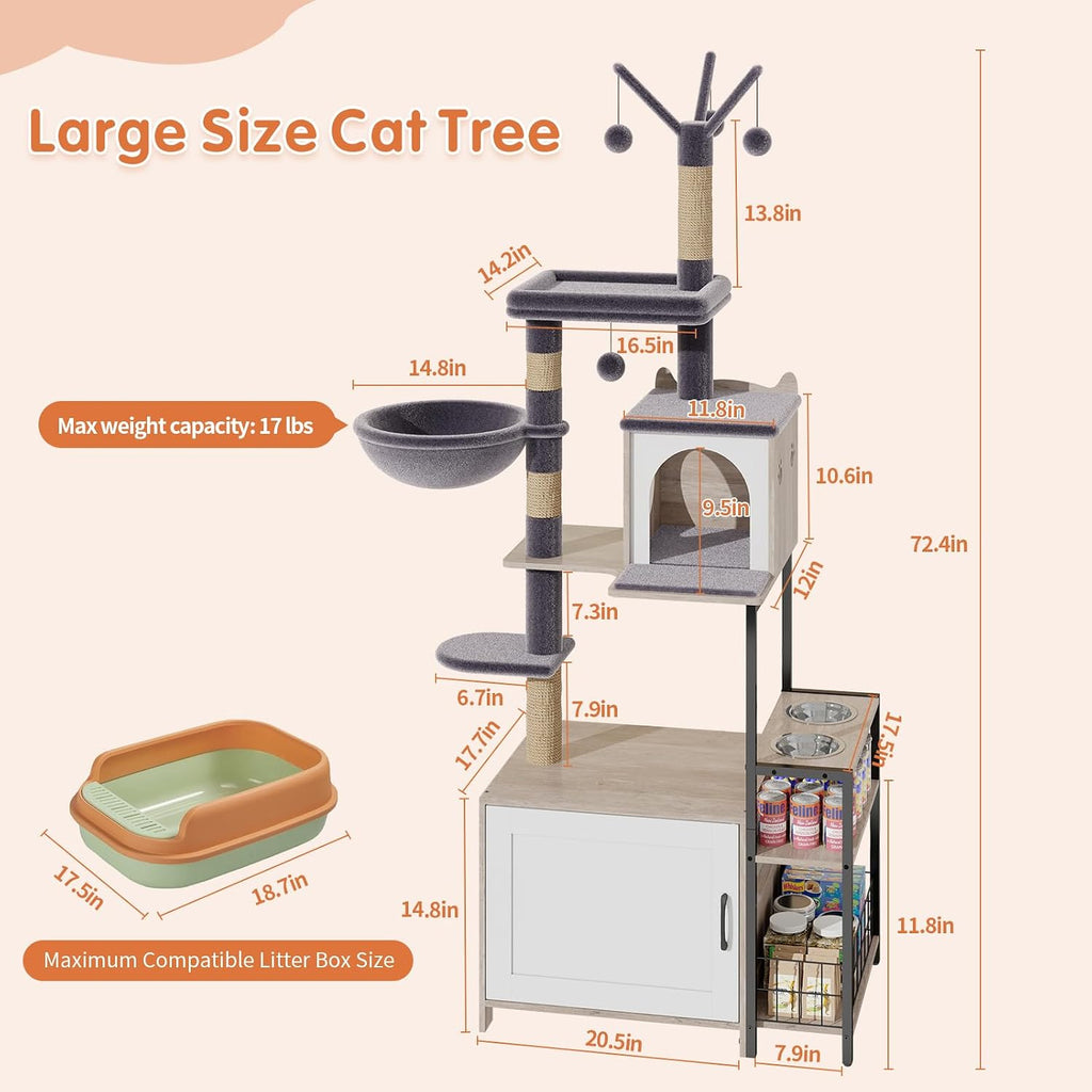 HavenlyYouth Cat Tree with Food Station and Litter Box Enclosure, Multi-Level Cat Tree Tower with Sisal Scratch Posts for Playtime, Plush Hammock in Gray for Cozy