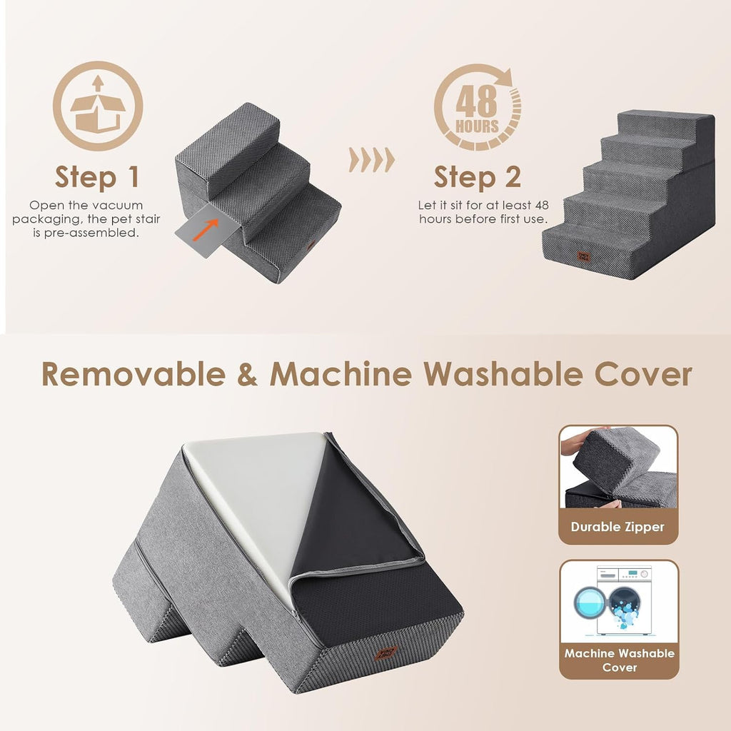 EHEYCIGA Dog Stairs for Bed 22.5" H, 5-Step Extra Wide Dog Steps, Grey