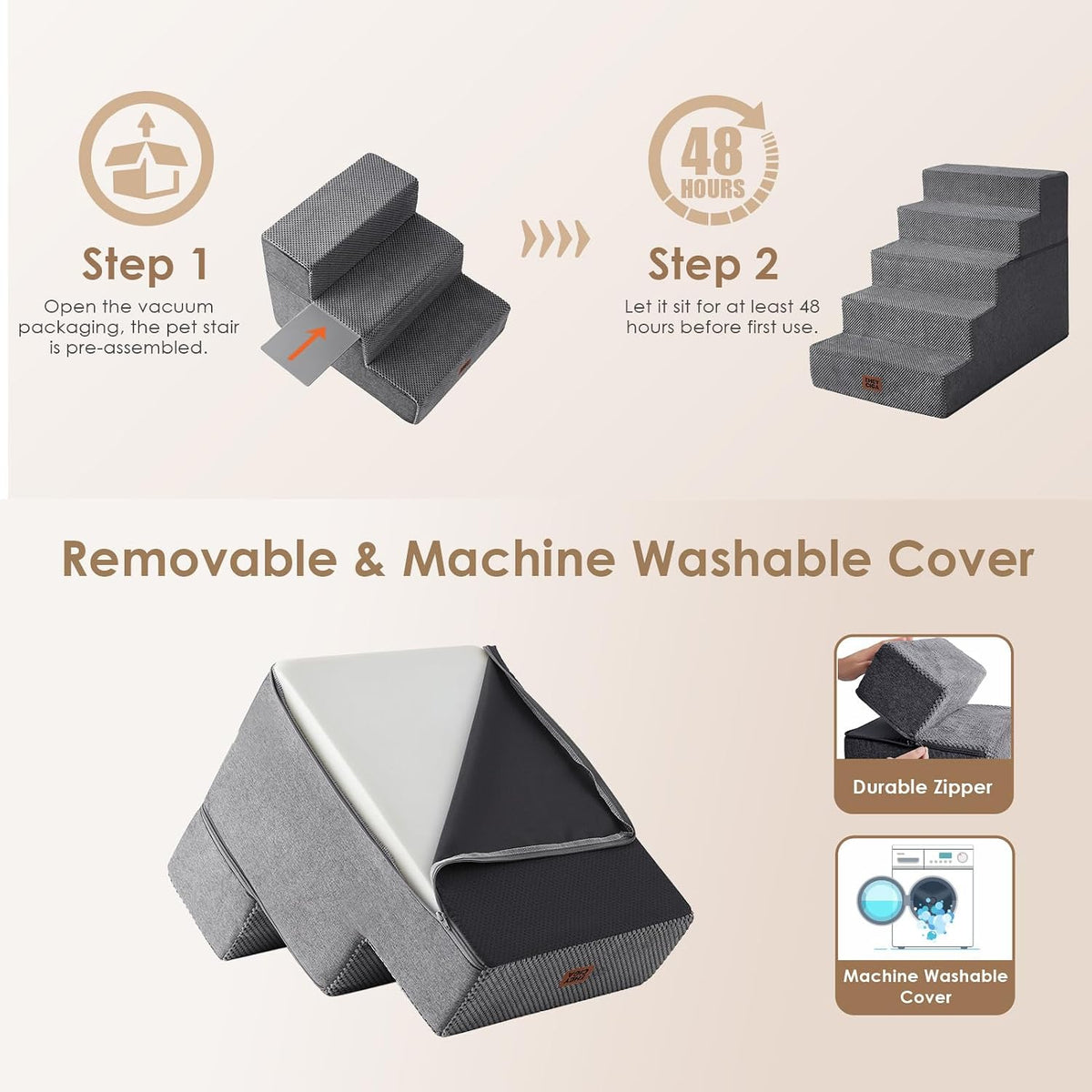 EHEYCIGA Dog Stairs for Bed 22.5" H, 5-Step Extra Wide Dog Steps, Grey