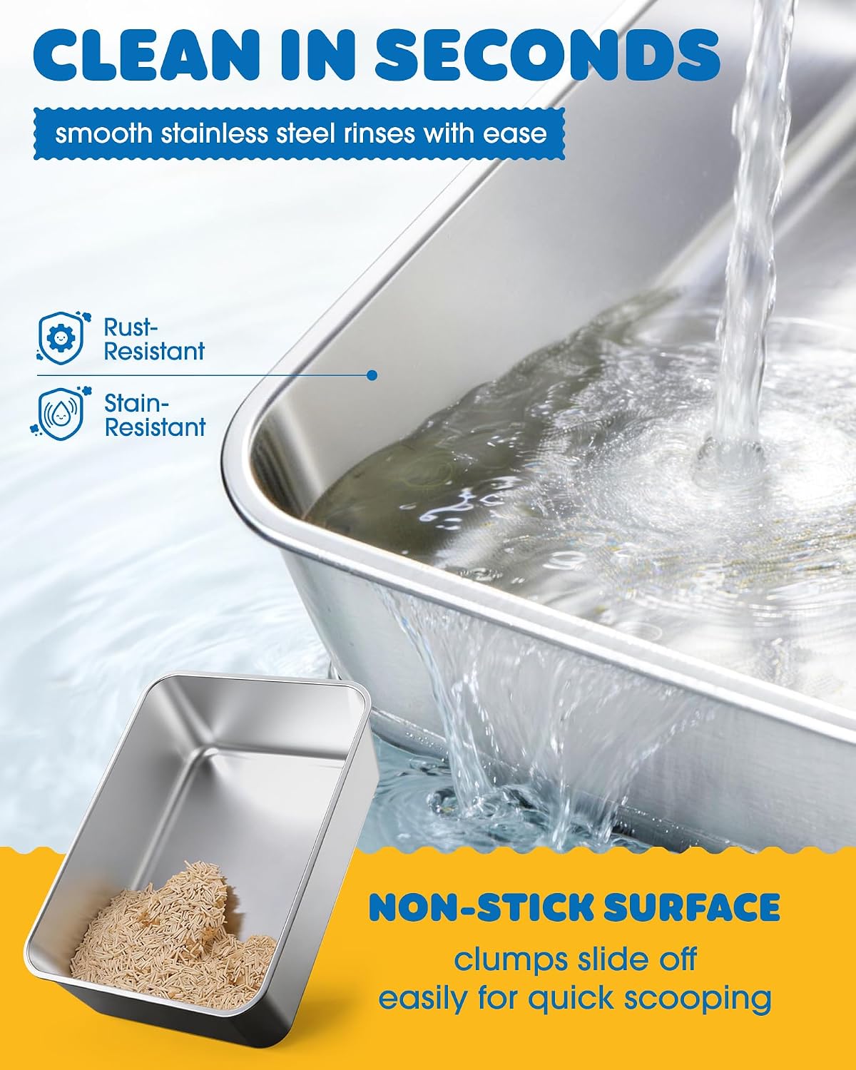 Powools Stainless Steel Cat Litter Box, High-Sided, Grey, M (1 Pack) | Metal Litter Box with Scoop, Anti-Leakage Top Entry, Non-Sticky, Easy to Clean, 6-Inch Splash-Proof Deep Pan