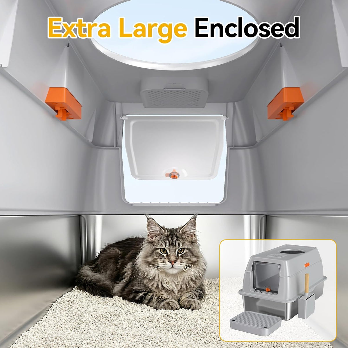 XL Enclosed Stainless Steel Litter Box with Lid, Light Gray