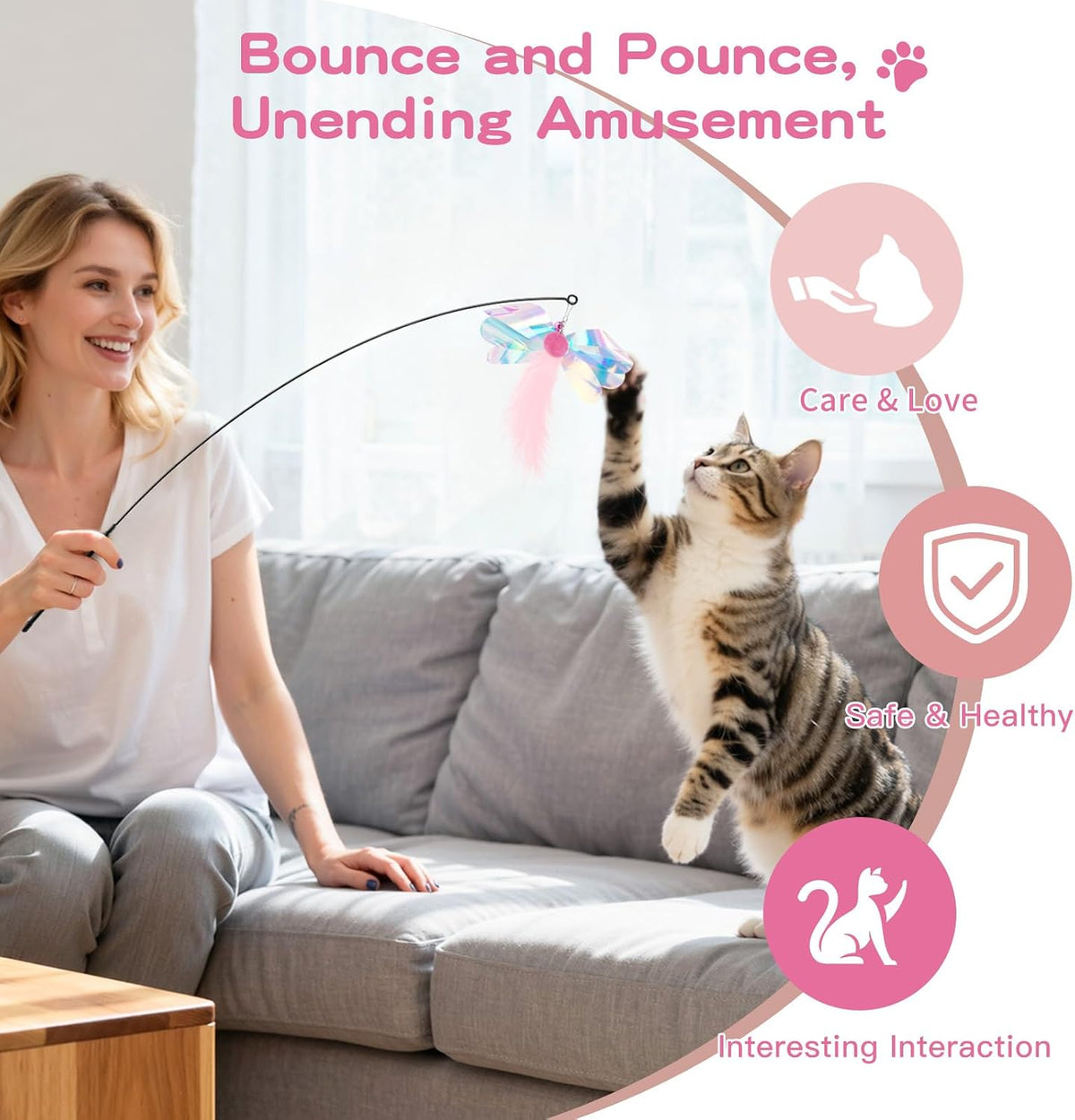 Pawaboo Cat Feather Wand Interactive Toy, 2 Feathers + 1 Wand with Bell | Cat Feather Teaser Toys Flying Catcher Extra Long 34.5" Wand Exerciser Playing Chase Cat Toy Wands for Kitten, Pink Butterfly