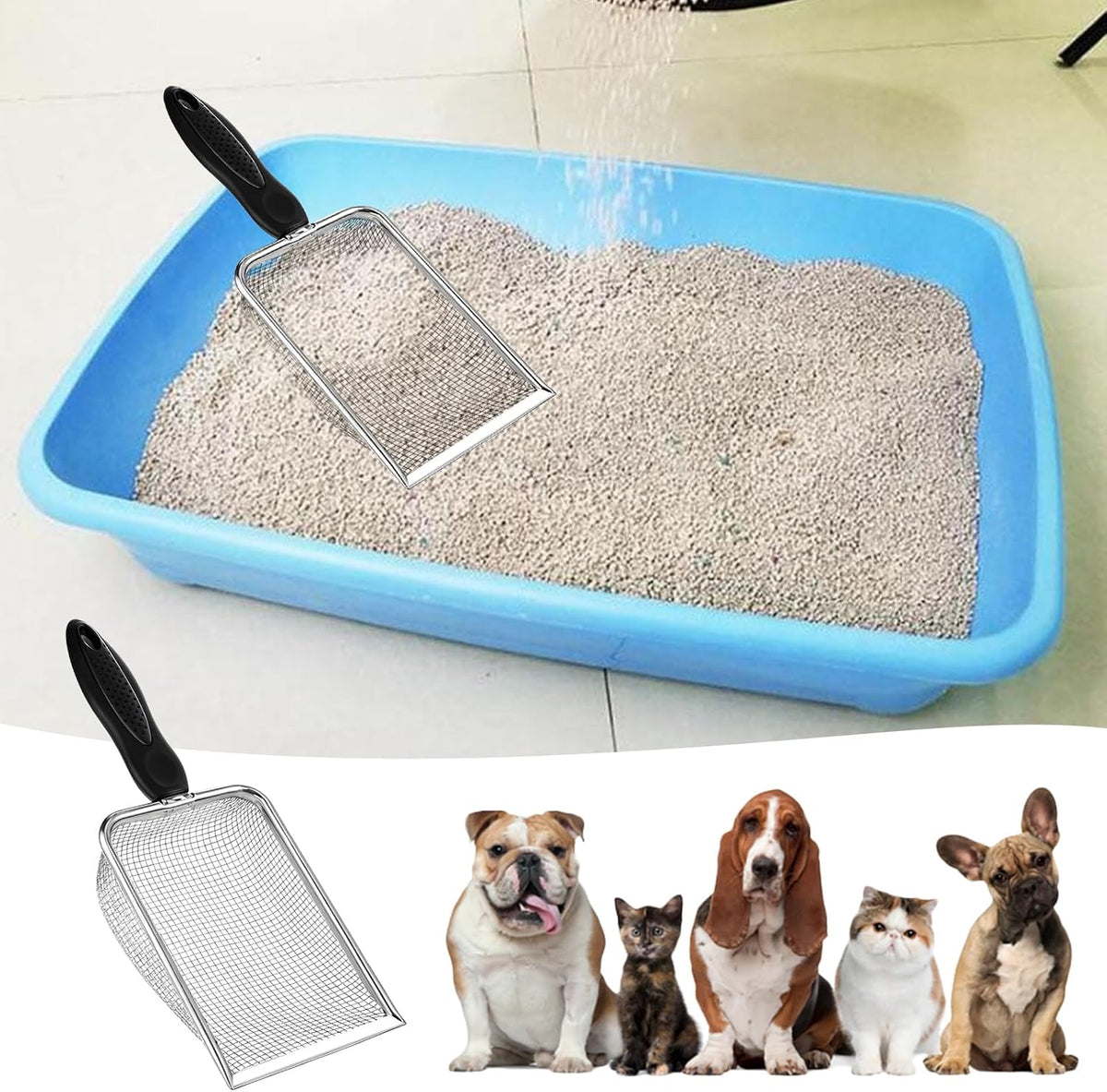 Stainless Steel Mesh Litter Shovel, Fine Mesh Metal Reptile Litter Cleaner Scooper, Black Non-Slip Handle Sifter for Lizard Substrate Reptile Terrarium Sand Waste