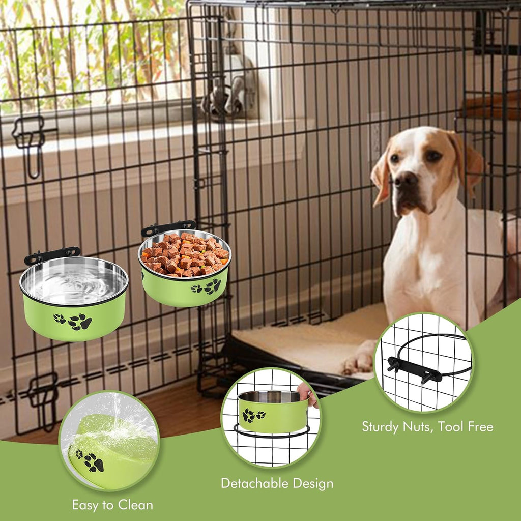 Dog Crate Bowls, ShineMe Stainless Steel Dog Kennel Bowls for Crates, Spill Proof Dogs Dishes that Attach to Crate Kennel Cage for Small Medium Size Dogs Cats, Set of 2, Green (6.2x2.6” & 5.5x2.4”)