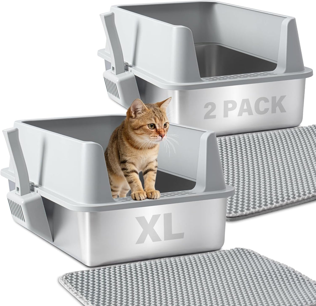 Stainless Steel Litter Box, XL Metal Litter Box with Lid 2 Pack | Extra Large Cat Litter Boxes for Big Cats with High Sides, Easy Cleaning, Non Stick, No Smell, Include Scoop and Mat