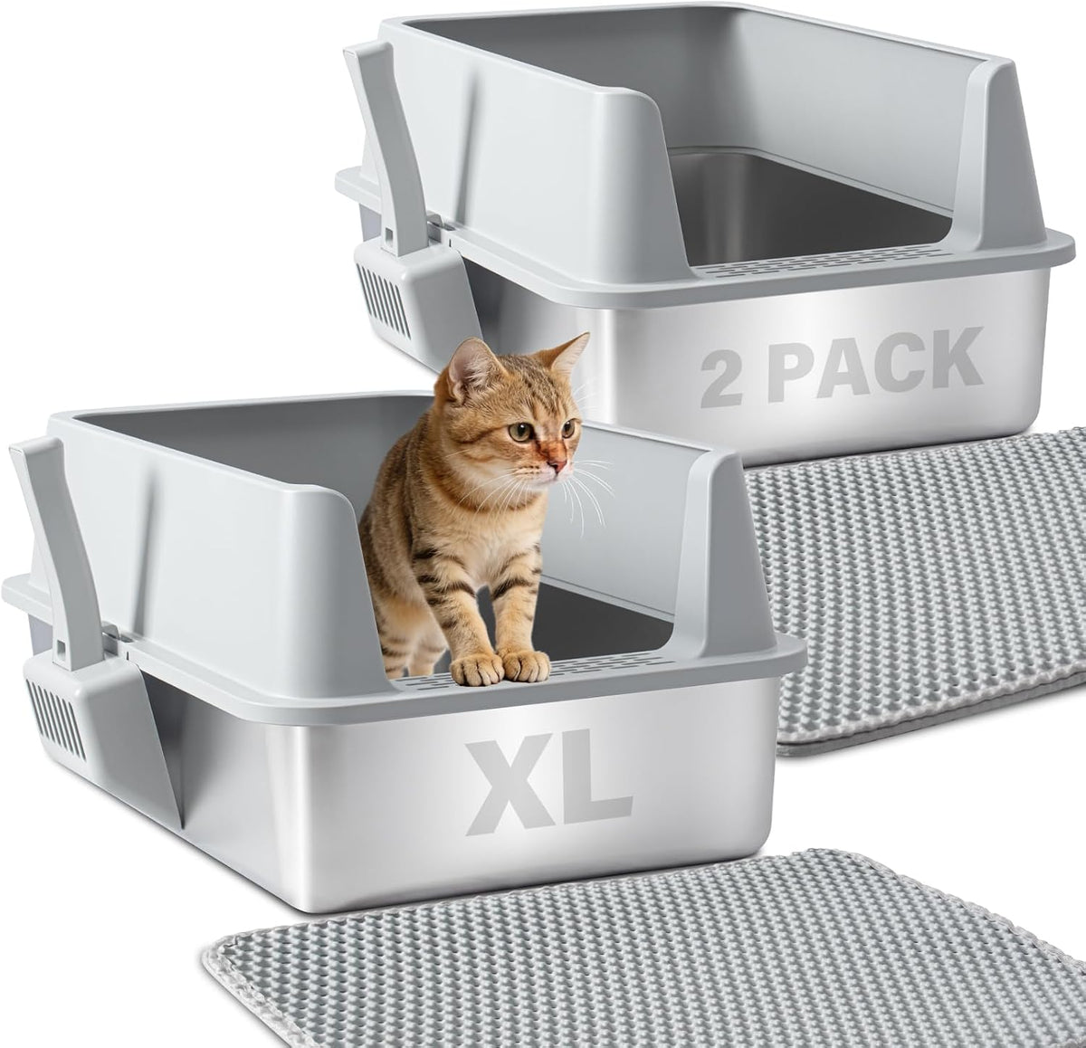 Stainless Steel Litter Box, XL Metal Litter Box with Lid 2 Pack | Extra Large Cat Litter Boxes for Big Cats with High Sides, Easy Cleaning, Non Stick, No Smell, Include Scoop and Mat