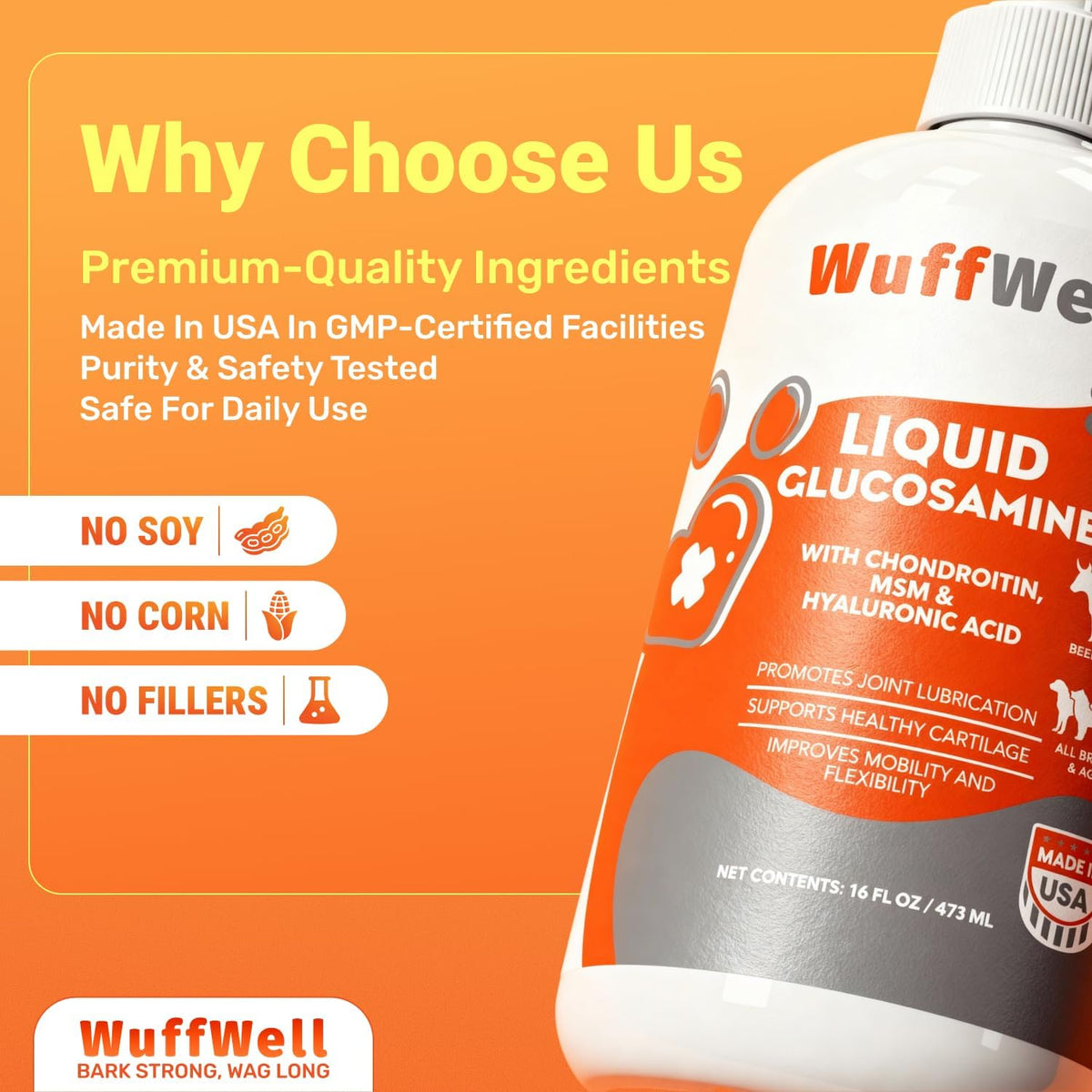 WuffWell Liquid Glucosamine Hip & Joint Support for Dogs, USA Made, 16oz