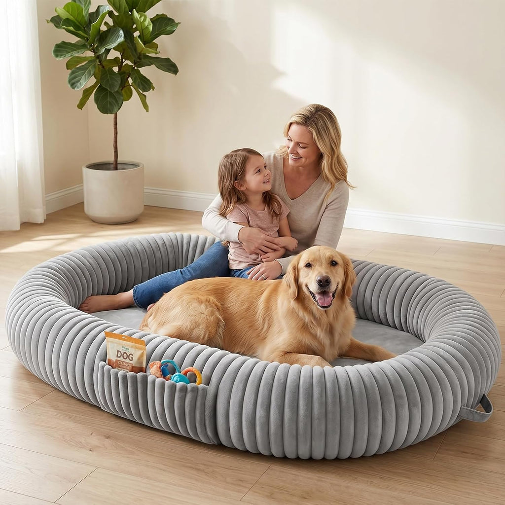Oversized Human Dog Bed for Large Breed Dogs, 77.5x61.8x9.8 Inch Extra Large Plush Orthopedic Bed with Washable Removable Cover, Non-Slip Bottom, Soft Plush Shared Bed for Bedroom Living Room