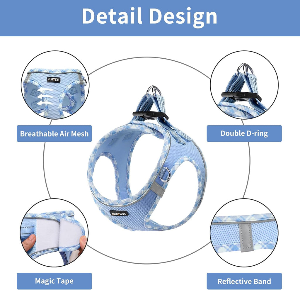 AMTOR Small Dog Harness with Leash Set, No Escape Easy Walk Puppy Harnesses for Training Walking, Step-in Reflective Soft Dogs Vest for XS S Medium Extra-Small Large Sized Dog(Blue/White,XL)