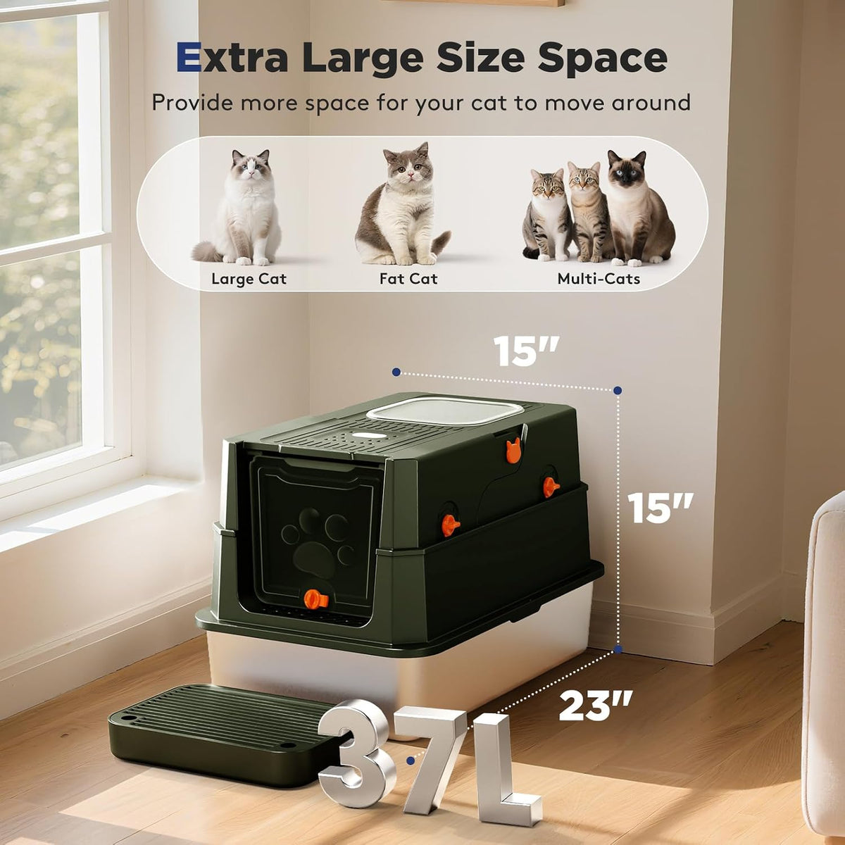 FURTIME Stainless Steel Litter Box with Lid, Enclosed Metal Cat Litter Box | XL Extra Large, Cat Box with High Sided Enclosure & Scoop, Big Cats, Front & Top Entry, Odor Free, Anti-Leakage, Green