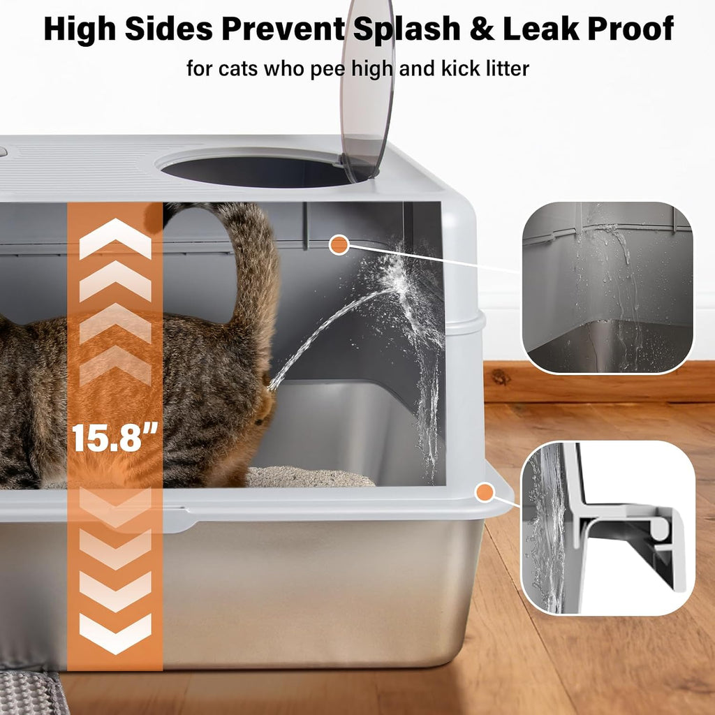 Stainless Steel Litter Box with Lid,Extra Large Enclosed cat Litter Box | Enclosed Metal litterbox with Flip Top,Front and Top Entry,Anti-Leakage,Easy Cleaning,Includes Scoop & Mat
