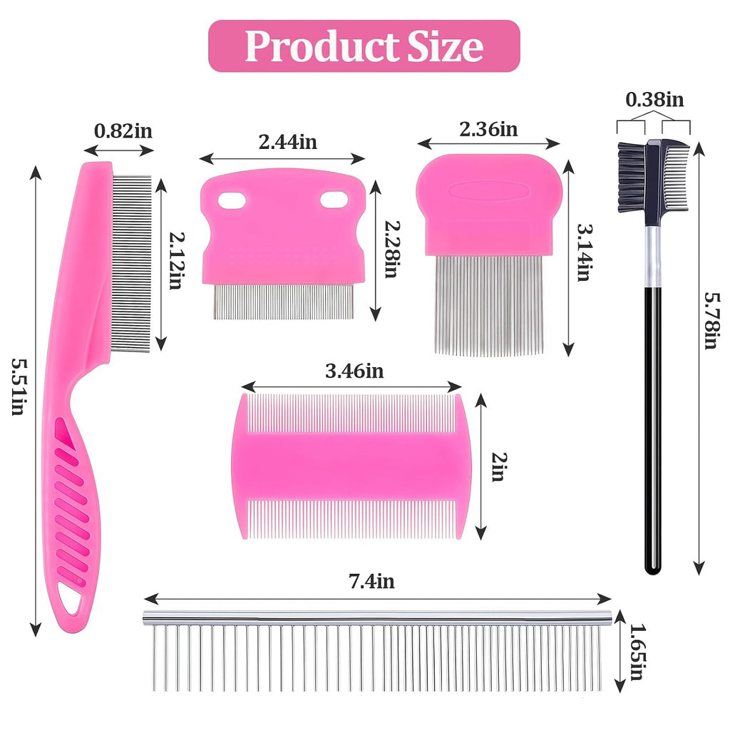 6 Pack Pet Grooming Combs, Stainless Steel Dog and Cat Grooming Combs with Rounded Teeth, Double-Sided Professional Pet Tear Stain Remover for Small, Medium, and Large Pets (Pink)
