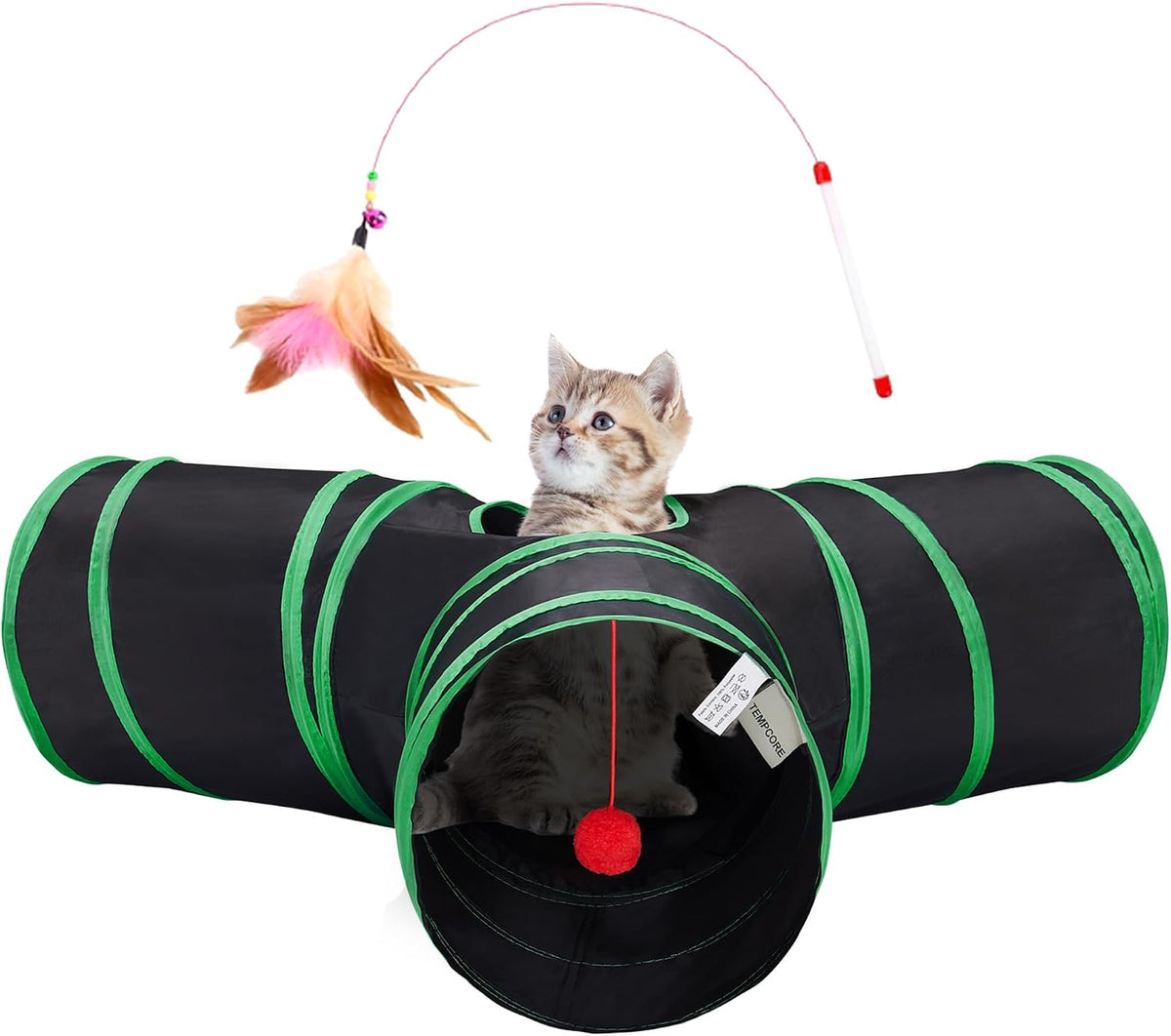 Tempcore Cat Tunnel, 3-Way Collapsible Toy for Indoor Cats, Black & Green | 3-Way Cat Tunnel with Peek Holes, Hanging Ball and Teaser Wand, Collapsible Design for Play, Hiding, Chasing and Exercise