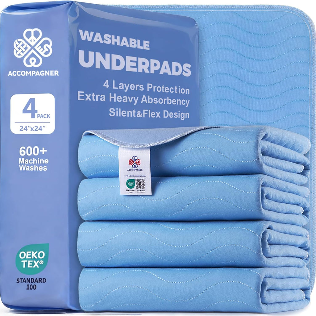 Accompagner Incontinence Bed Pads Washable Waterproof, Ultra-Absorbent Reusable Underpads for Diaper Changing, Nursing, Bedridden, Adults, Seniors, Kids and Dogs (Blue, 24"x24"(Pack of 4))