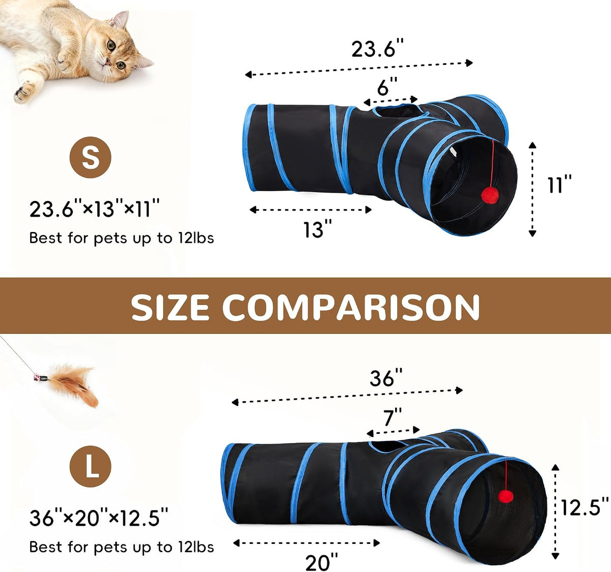 Tempcore Cat Tunnel, 3-Way Collapsible Toy, Large Size Black & Royal Blue | Large Size 3-Way Cat Tunnel Provides More Room for Cats to Run, Hide and Chase, with Peek Holes, Hanging Ball and Teaser Wand