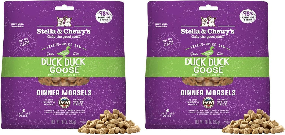 Stella & Chewy's Freeze-Dried Raw Cat Dinner Morsels - Premium Duck & Goose Recipe with 98% Cage-Free Poultry-& Organs - Natural Grain-Free Cat-& Kitten Food - Made in USA - 18 oz,(Pack of 2)