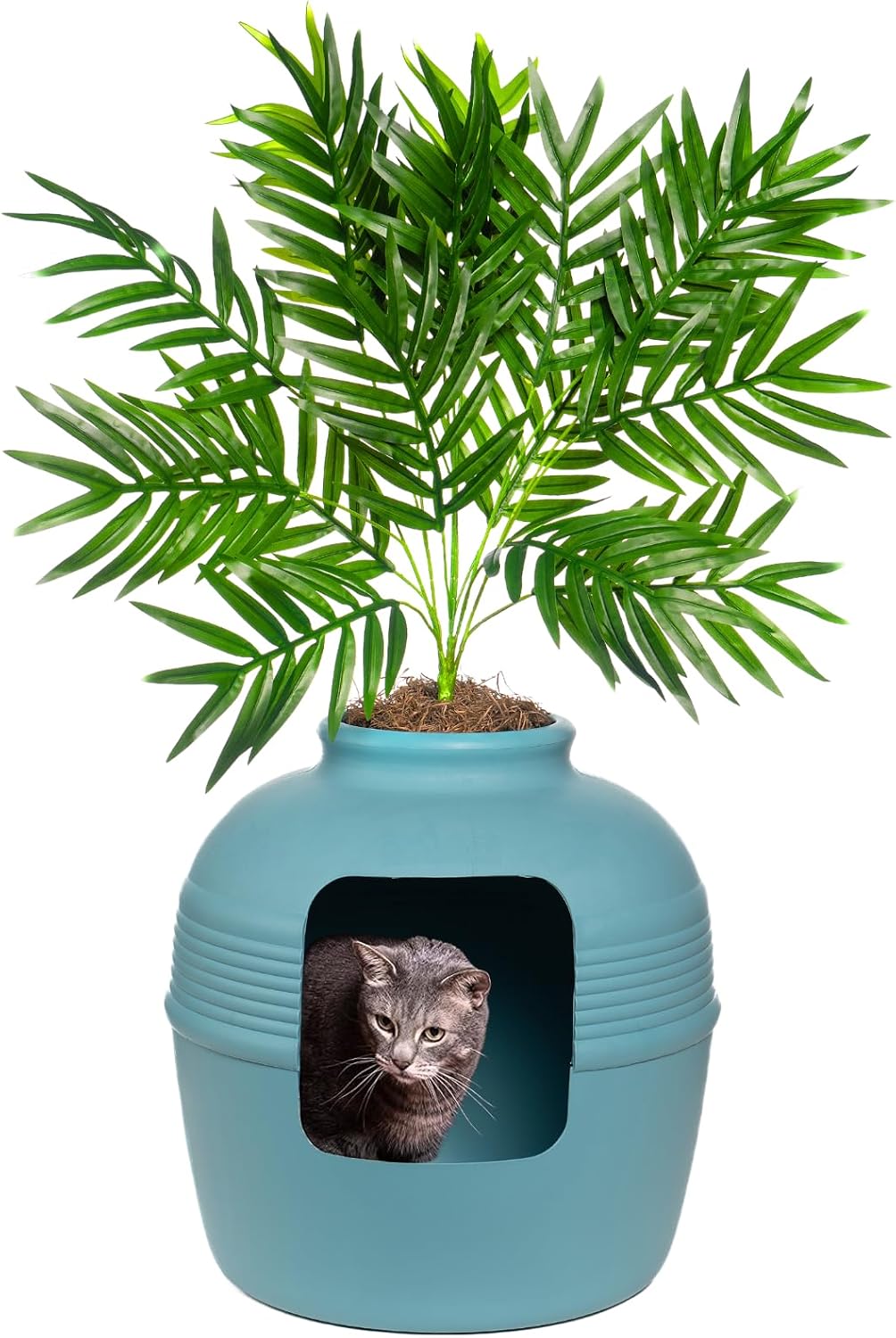 Good Pet Stuff Original Hidden Litter Box Planter, Decorative Cat Litter Enclosure, Carbon Filter, Faux Plant, Round Design, Easy to Clean, Base Kit, Palm Plant, Coastal Blue