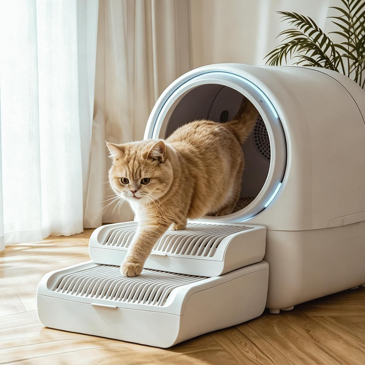 Litter Box Step for Cats, 15.2"×12.3" Wide Litter Box Ramp Non-Slip Litter Catcher Step Supports 50lbs, Adjustable 1 or 2 Stairs for Senior & Large Cats
