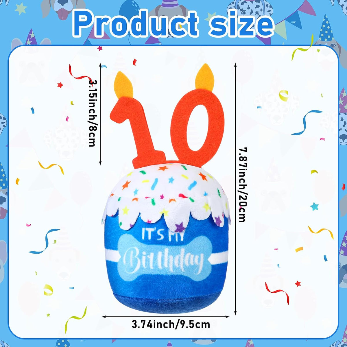 Dansydaisy Dog Birthday Cake Toy Squeaky Plush Gift,10th,Blue | Interactive Squeaky Gift for Dogs, Dog Birthday Decor , Soft Chew for Small Medium Large Pets, Cake Design with Candle
