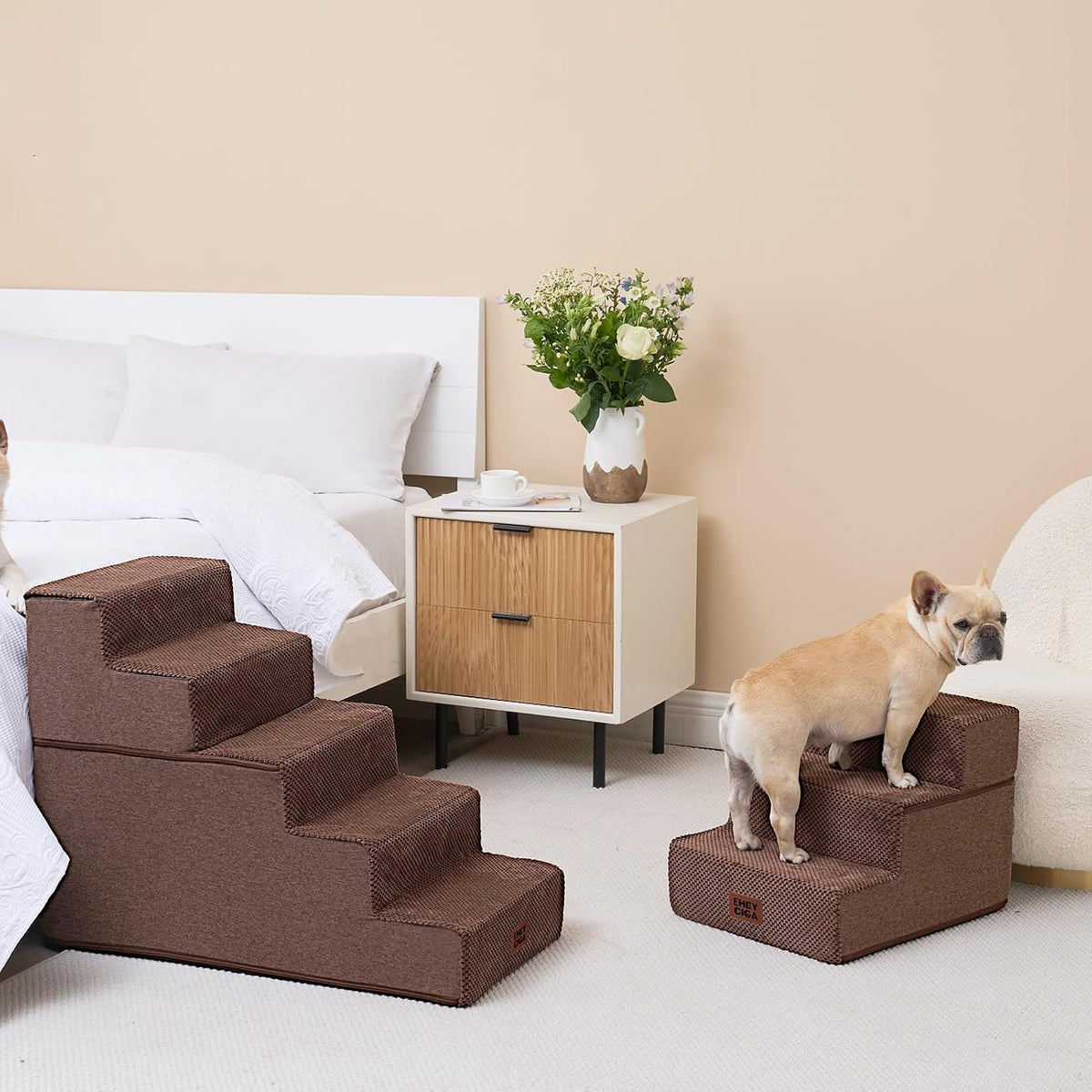 EHEYCIGA Dog Stairs 13.5" H, 3-Step Extra Wide Dog Steps, Brown