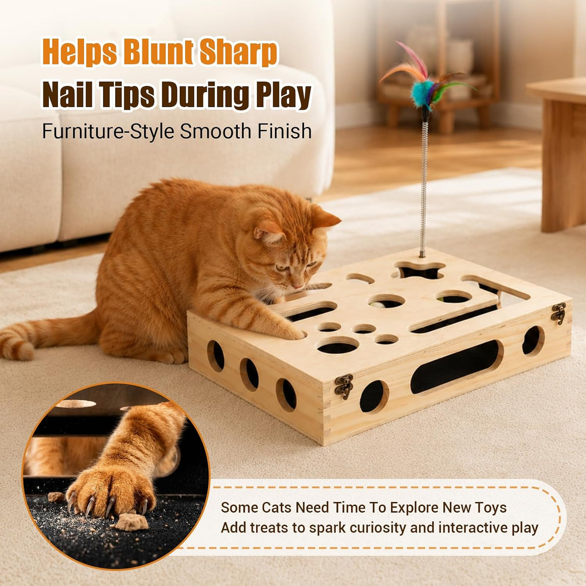 Cat Scratch Puzzle Enrichment Box, Wooden Interactive Toy for Indoor Cat