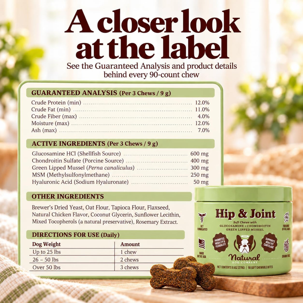 Natural Dog Company Hip & Joint Chews for Dogs, Chicken Liver, 90 Count