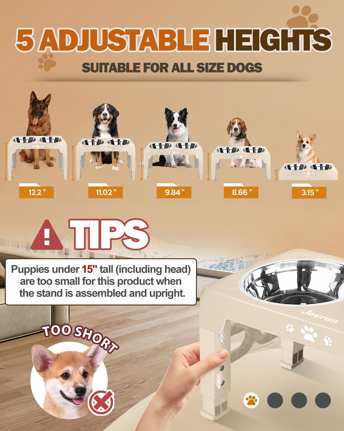 Jovrun Elevated Dog Bowls for Medium Large Size Dogs, Non-Slip Dog Feeder with 2 Stainless Steel Dishes, 5 Heights Adjustable Raised Bowls to 3.15″-8.66″-9.84″-11.02″-12.2″