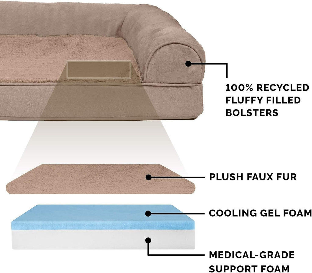 Furhaven Cooling Gel Dog Bed for Medium/Small Dogs w/ Removable Bolsters & Washable Cover, For Dogs Up to 35 lbs - Plush & Suede Sofa - Almondine, Medium