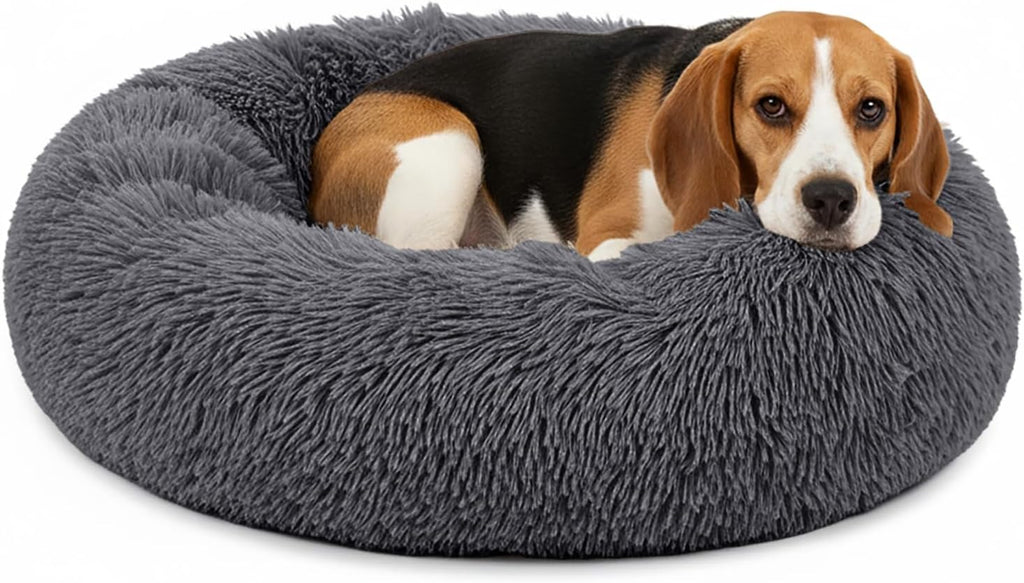 PetAmi Calming Donut Dog Bed, Washable Faux Fur, 30 Inch Medium, Grey