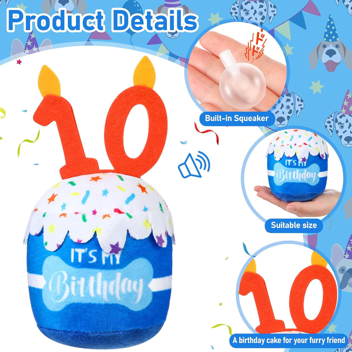 Dansydaisy Dog Birthday Cake Toy Squeaky Plush Gift,10th,Blue | Interactive Squeaky Gift for Dogs, Dog Birthday Decor , Soft Chew for Small Medium Large Pets, Cake Design with Candle