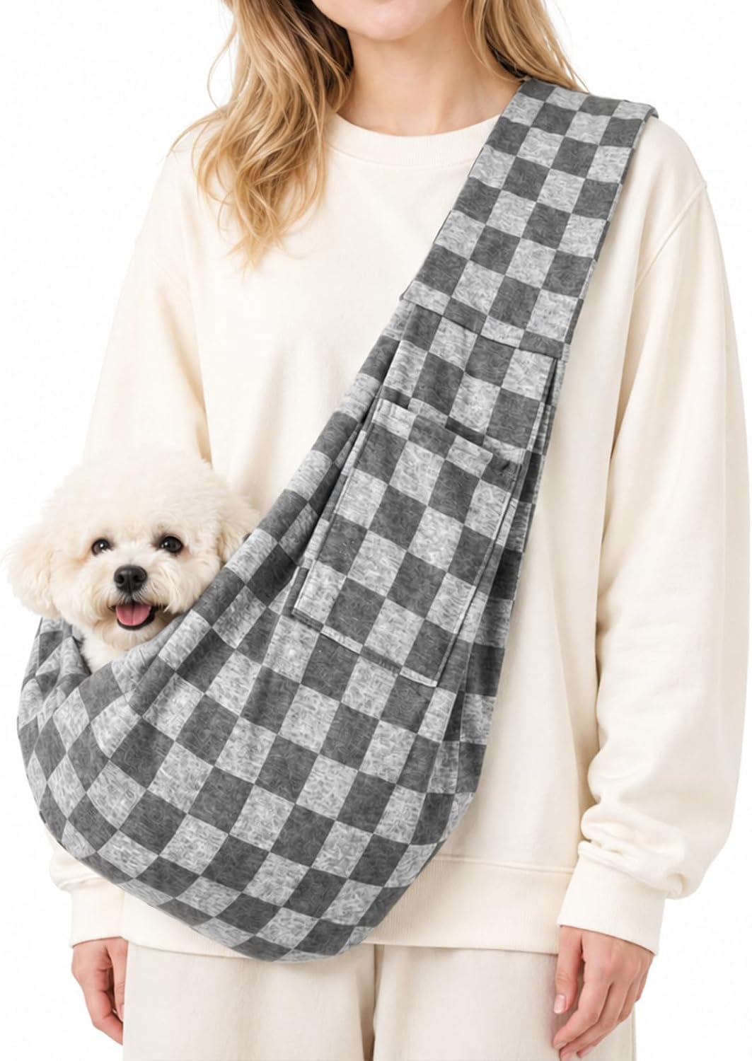 Dog Sling Carrier for Small Dogs and Cats 5–16 lbs, Puppy Carrier Sling with Safety Hook and Storage Pocket, Hands Free Pet Carrier Purse for Travel, Walking, Shopping (Grey Check)