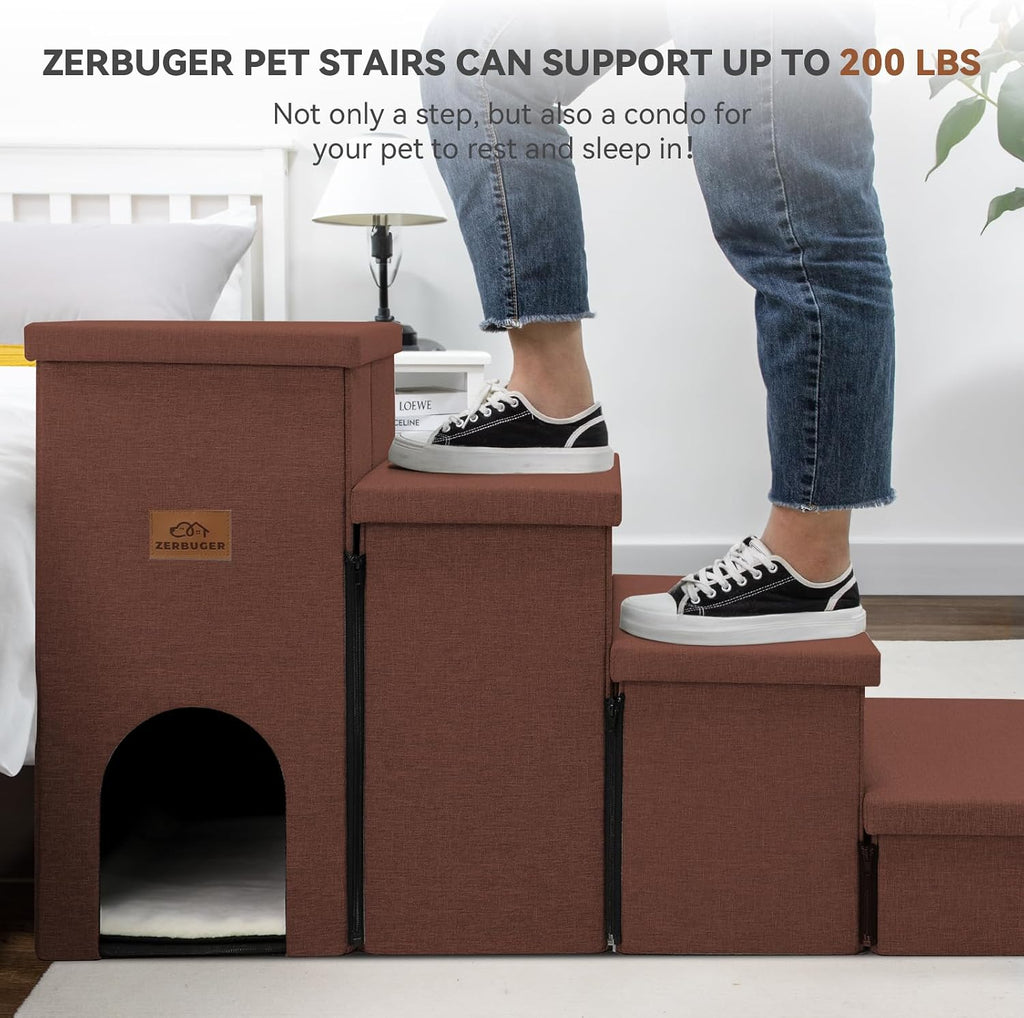 Zerbuger Dog Stairs with Storage, Brown 4 Steps Dog Ramp with Condo for Bed