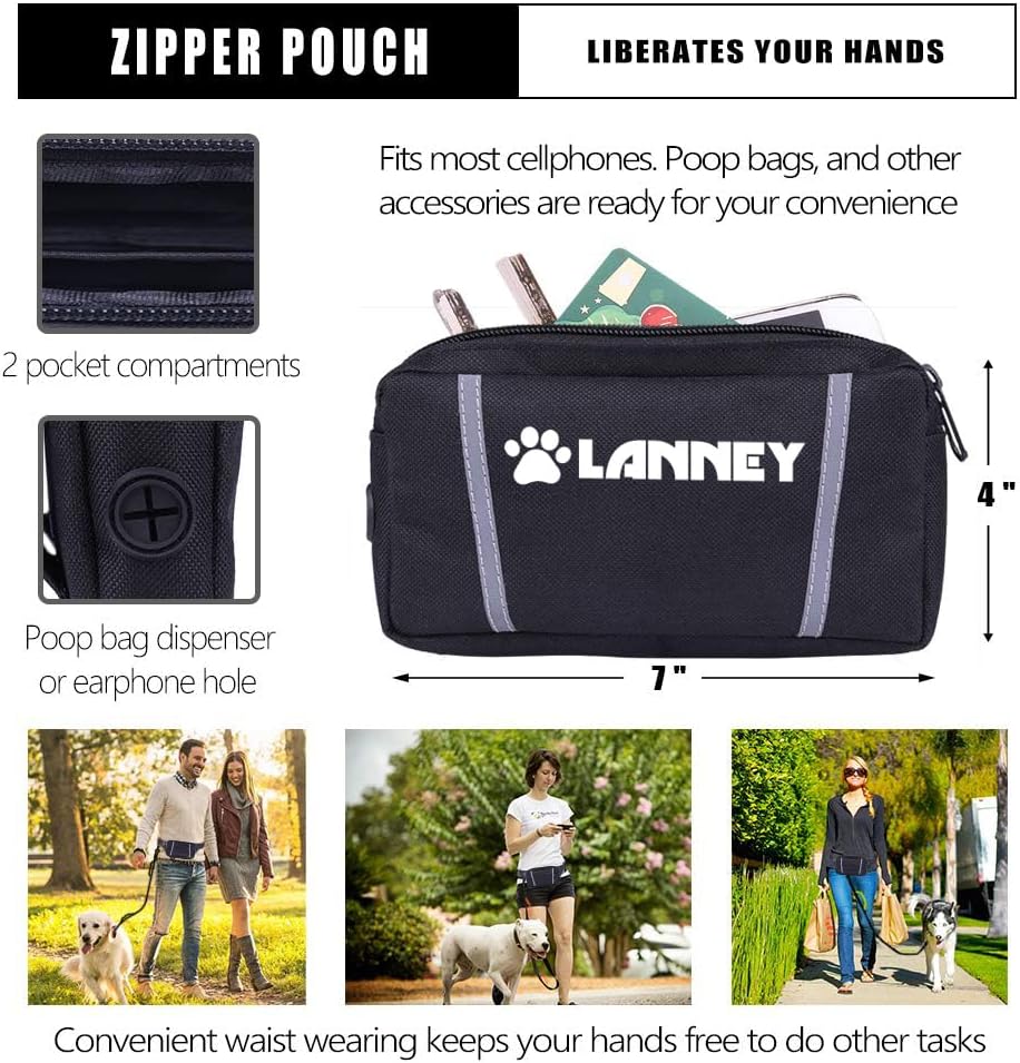 Hands Free Dog Leash, Waist Running Leash with Zipper, Walking Pouch for Medium Large Dogs, Dual Handle and Retractable Bungee for Training Jogging Hiking