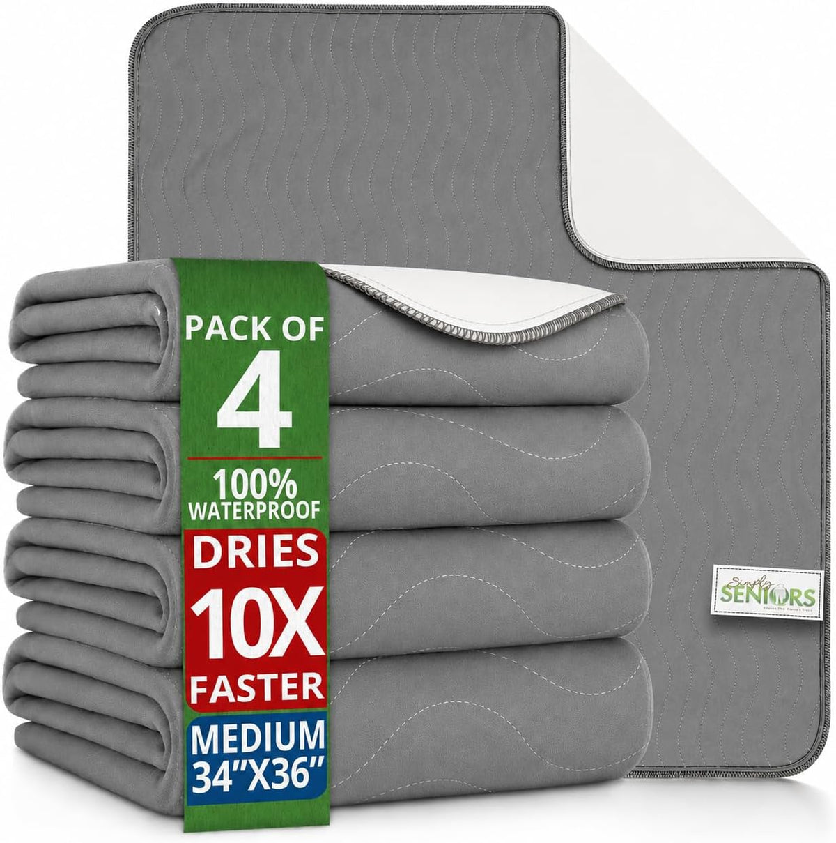 Bed Pads Washable Waterproof 34"x36"- Pack of 4 Grey Incontinence Bed Pads | Washable Pee Pads for Adults - Dementia Products for Elderly & Elderly Assistance Products - Reusable Pee Pads Dogs & Kids