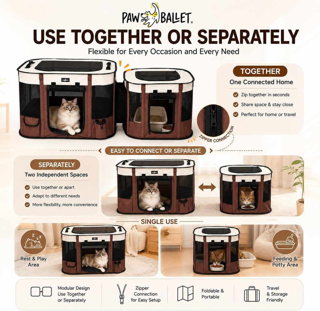 Paw Ballet 2-in-1 Dual-Zone Pet Playpen for Cats & Small Dogs, Portable Indoor Outdoor Pet Enclosure with Connected Rest & Feeding Areas, Foldable Pet Tent with Carrying Bag