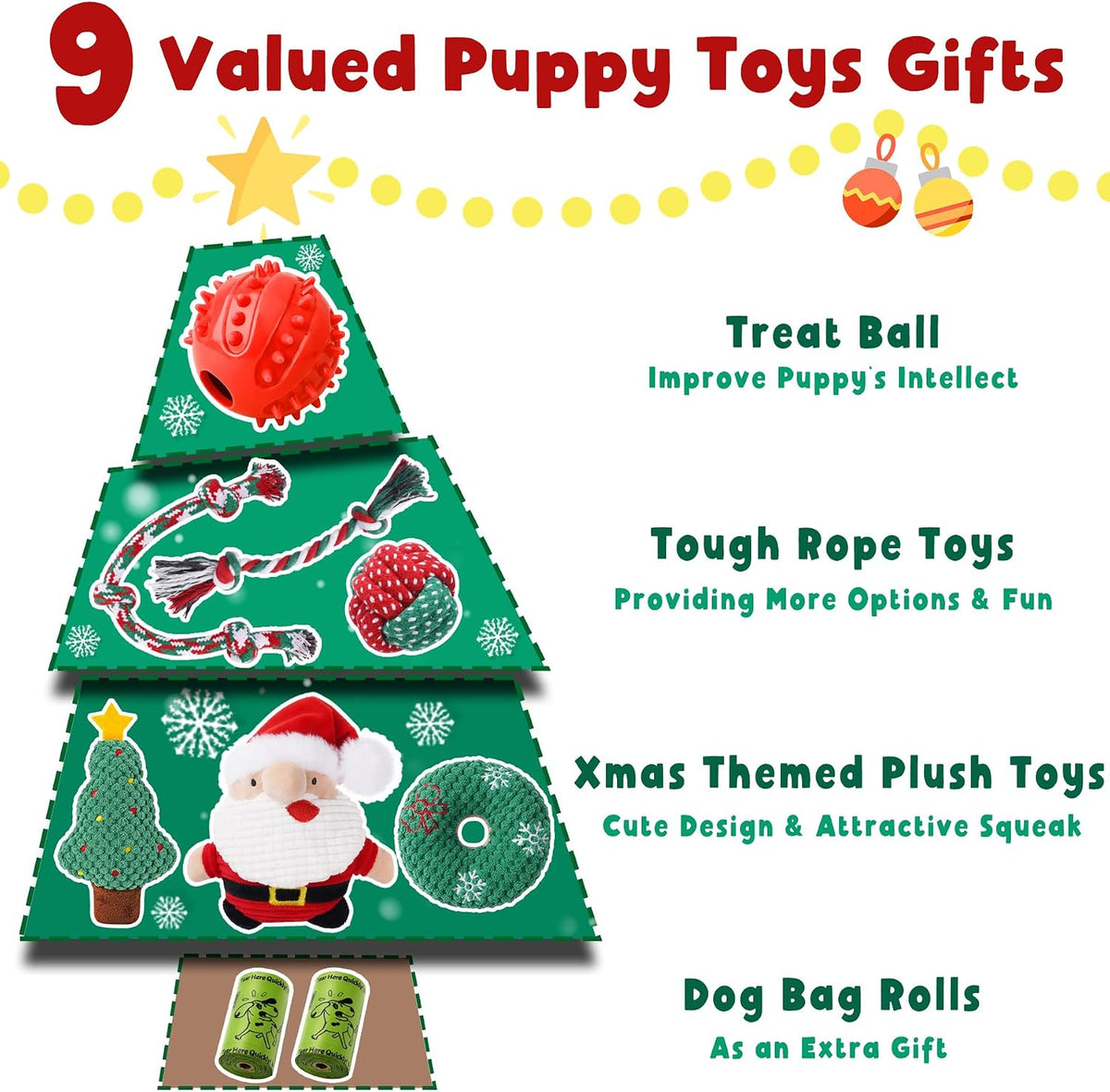 Zeaxuie Dog Chew Toys for Xmas - 9 Pack Santa Puppy Toys for Teething Small Dogs with Rope Toys, Treat Ball and Squeaky Dog Toys