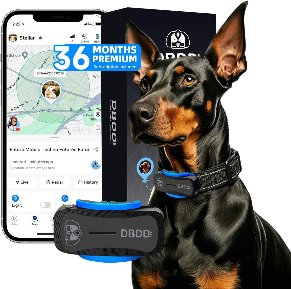 DBDD GPS Tracker for Dogs with 36 Month Subscription, Real-Time Location, Electronic Fence, Health Monitoring, Waterproof, for Medium Large Dogs, iOS Android