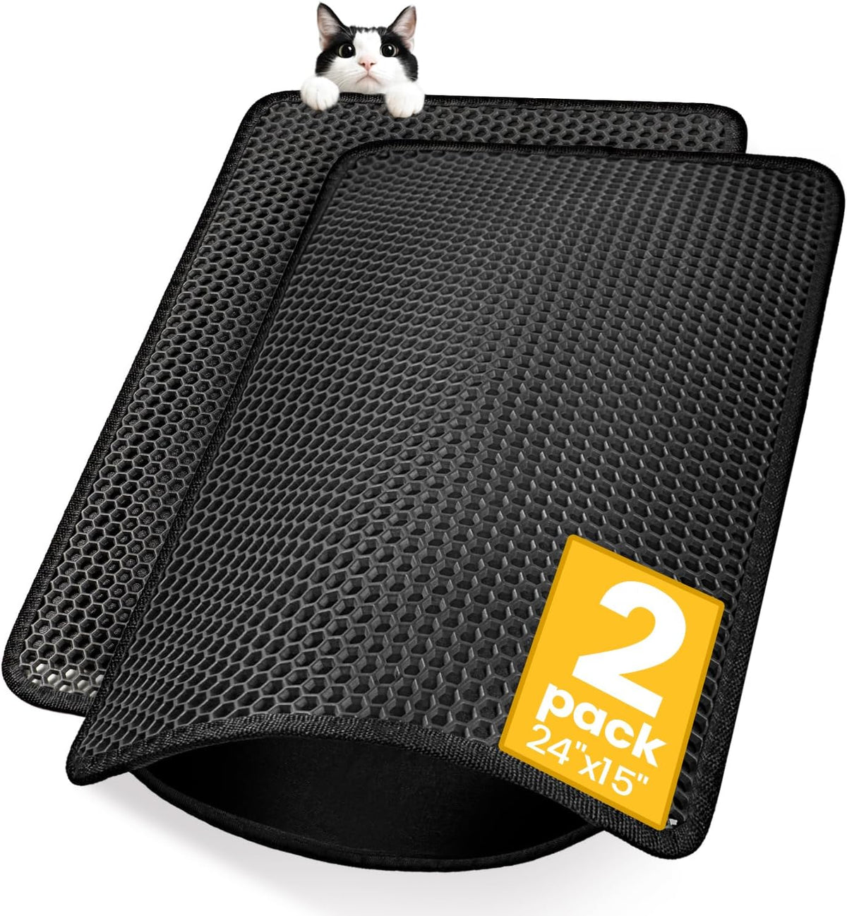 Cat Litter Mat Compact Size 23.6"x14.6" for Small Spaces, Upgrade Waterproof Leakproof Back Layer, Honeycomb Trapping Mat, Washable, Easy to Clean, Scatter Control Kitty Litter Matt, Black, 2 Packs