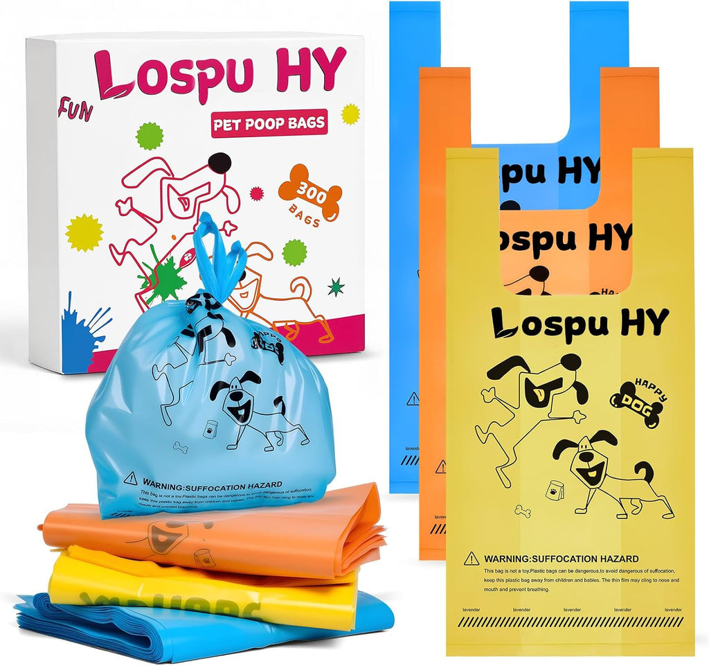 Poop Bags for Dogs, 300 Count Extra Thick Strong Leak Proof Dog Poop Bags with Handles, Pet Waste Bag for Waste Refuse Cleanup, Outdoor Puppy Walking and Cats Litter