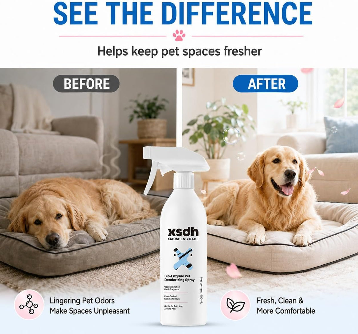 Pet Odor Deodorizing Spray, Bio-Enzyme Stain & Strong Odor Eliminator Spray for Dog Cat Pee Urine Pop, No-Rinse Air Freshener Spray for Smelly in Beds, Sofa, Carpet, Upholstery in Home & Car, 400ml