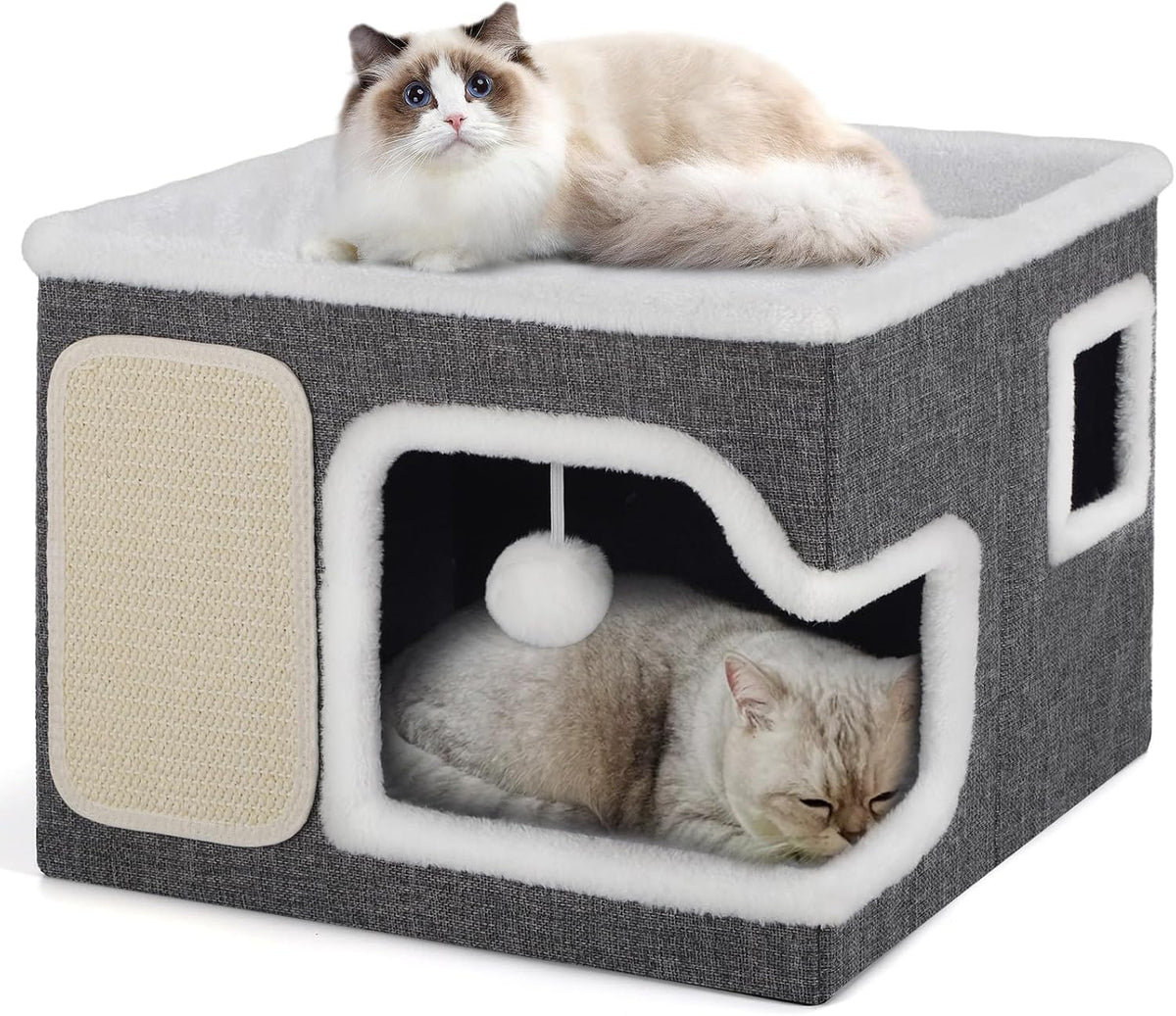 Shikha Cat Bed House for Indoor Cats with Fluffy Ball and Scratch Pad Grey