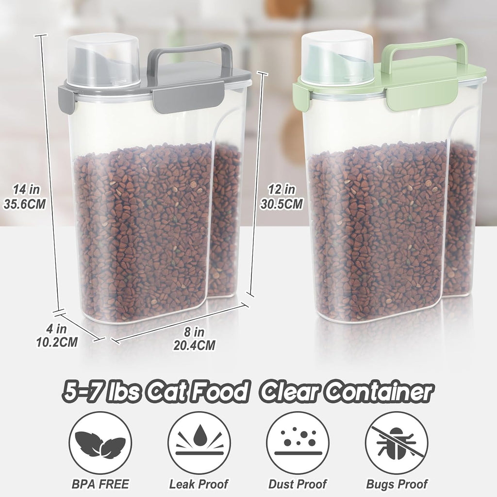 LEAWALK Cat Dog Food Storage Container Upgraded Large Nozzle, BPA-Free 5Lbs/6Qt/5L Plastic Pet Food Storage Container With 4 Sealed Clasps and Handle, Easy to Clean and Carry-2 Pack Gray+Green