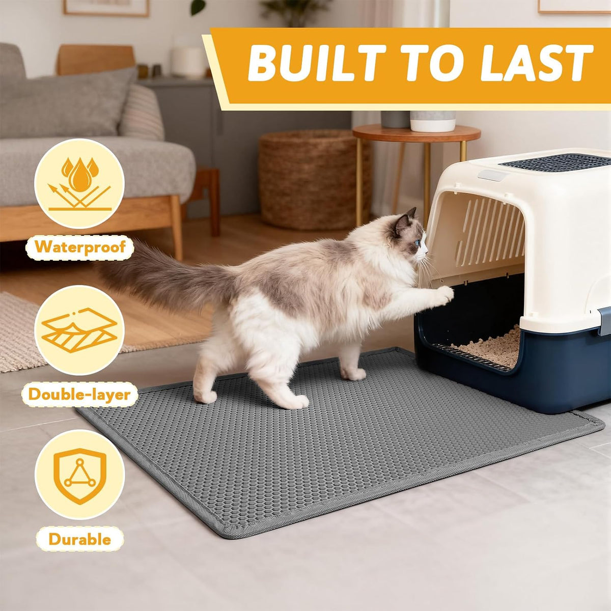 Pieviev Litter Box Mat, Double-Layer Urineproof Design, 30" x 24" Gray | Honeycomb Litter Trapping Mat Captures Scattered Particles to Stop Tracking, Waterproof Base Protects Floors, Easy to Clean